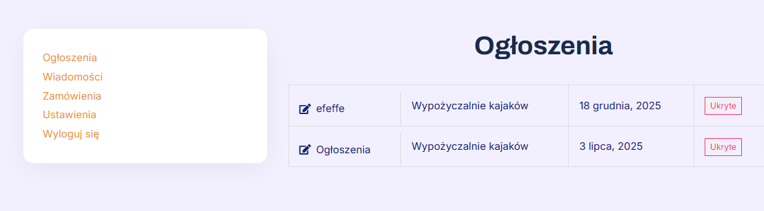 Lista ogłoszeń w panelu